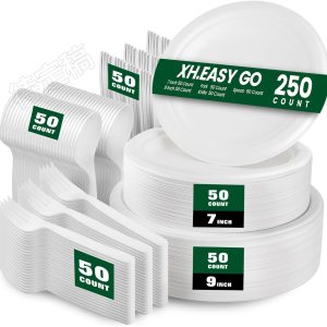 Disposable Paper Plates and Utensils Set [250 PCS] with 50 x 7 Inch Plates, 50 x 9 Inch Plates, 50 Knives, 50 Forks & 50 Spoons, Unbleached Eco-Friendly Paper Dinnerware Set for 50 Guests