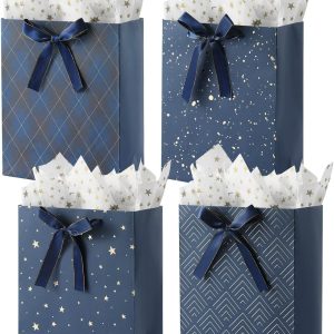 4 Pack 9" Medium Size Gift Bags Assorted Premium Blue Gift Bags with Tissue Paper Use for Birthdays, Baby Shower,weddings,Party Favor, Holiday Presents-7" X 4" X 9"