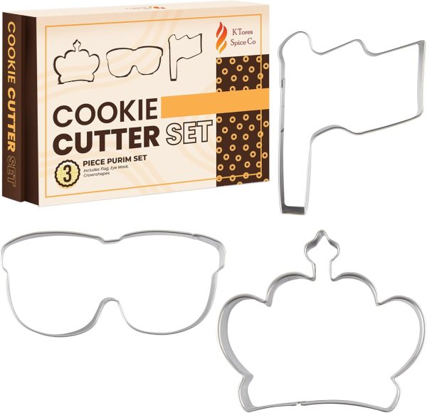 3 Piece Purim Cookie Cutter,Stainless Steel, Purim Themed Shapes - Flag, Crown, Eye Mask - Food Safe, Cookie Cutter - Packaged in Elegant Gift Box