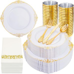 Nervure 350PCS Gold Plastic Dinnerware - White and Gold Disposable Plates for 50 Guests - 100 Gold Disposable Plates, 150 Gold Plastic Silverware, 50 Cups, 50 Napkins for Christmas & Party