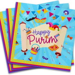 Happy Purim Napkin, 40 Pieces Blue Happy Purim Theme Napkin Cocktail Napkin Decoration Carnival Party Supplies for Purim Party, Carnival Party Decoration
