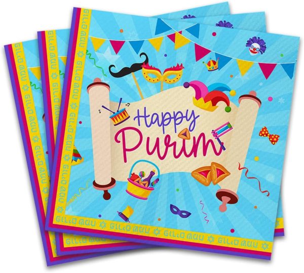Happy Purim Napkin, 40 Pieces Blue Happy Purim Theme Napkin Cocktail Napkin Decoration Carnival Party Supplies for Purim Party, Carnival Party Decoration