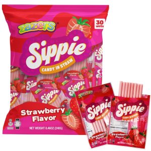 Zazers Sippie Pop Candy Filled Straws - 30 Pack of Strawberry Flavor Mini Candy Straws Ideal Gift for Easter, Birthday, Christmas, Party Occasions, Family Size Pack, Kosher, Approx. 240 Sticks,