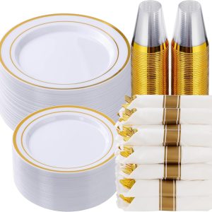 Goodluck 350 Piece Gold Plastic Dinnerware Set for 50 Guests, Fancy Disposable Plates for Party, Include: 50 Dinner Plates, 50 Dessert Plates, 50 Pre Rolled Napkins with Silverware, 50 Cups