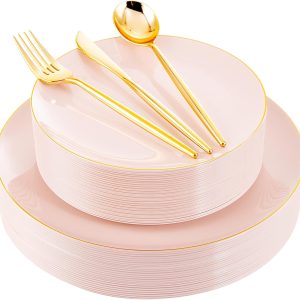 I00000 150Pcs Gold Plastic Plates for 30 Guests,Pink Disposable Plates for Party,Gold Plastic Dinnerware Set Include 30 Dinner Plates, 30 Dessert Plates,30 Gold plastic silverware set for christmas
