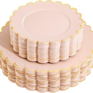 LIYH 60pcs Pink Plastic Plates with Gold, Disposable Plastic Plates Includes: 30 Pink Dinner Plates 10.25" and 30 Pink Dessert Plates 7.5" Gold Plastic Plates,Baby Shower Plates Daisy Plates