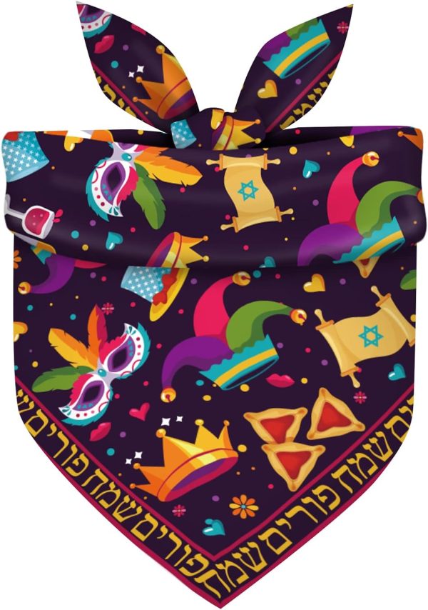 Happy Purim Dog Bandana Jewish Carnival Festival Holiday Decor for Small Medium Dogs Cats Pets Adjustable Triangle Scarf
