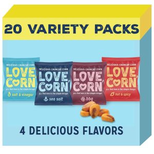 LOVE CORN Fab Four - Sea Salt, BBQ, Salt & Vinegar, Hot Spicy 0.7oz x 20 Delicious Crunchy Corn Healthy Family Snacks Gluten Free, Kosher, NON-GMO Alternative for Chips, Nuts, Crackers Pretzels