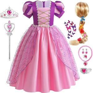 G.C Girls Rapunzel Dress Princess Dress Up Costume Toddler Puff Sleeve Dresses Wig Crown Wand Jewelry Cosplay Clothes