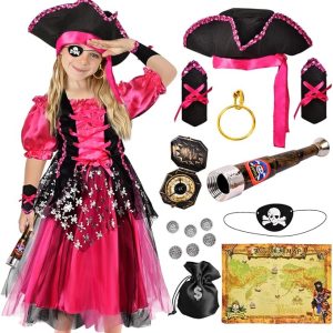 G.C Pirate Costume Kids Girls Dress Up Pretend Play Pirate Dress with Accessories Deluxe Halloween Buccaneer Princess Outfit