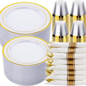 350 PCS White and Gold Plastic Dinnerware Set for 50 Guests, 100 Disposable Plates for Party, 50 Pre Rolled Napkins with Gold Silverware, 50 Cups