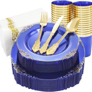 Nervure 175PCS Clear Blue Gold Plastic Plates Sets Include 25Dinner Plates, 25Dessert Plates, 25Cups, 25Forks, 25Knives, 25Spoons, 25Napkins for Weddings & Party