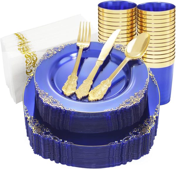 Nervure 175PCS Clear Blue Gold Plastic Plates Sets Include 25Dinner Plates, 25Dessert Plates, 25Cups, 25Forks, 25Knives, 25Spoons, 25Napkins for Weddings & Party