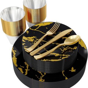 JOLLY PARTY 180PCS Disposable Dinnerware Set 30 Guest, 60 Black and Gold Plastic Plates, 30 Silverware, 30 Plastic Cups, Marble Design Dinnerware for Halloween, Wedding and Parties