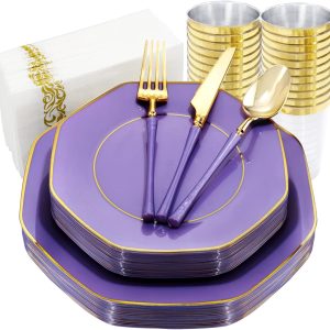 KIRE 140Pcs Purple Plastic Plates with Gold Rim& Gold Disposable Plastic Silverware with Purple Handle&Clear Gold Cups&Hand Napkin- Geometric Purple Plastic Plates for Halloween Parties&Mothers Day