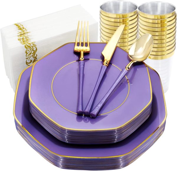 KIRE 140Pcs Purple Plastic Plates with Gold Rim& Gold Disposable Plastic Silverware with Purple Handle&Clear Gold Cups&Hand Napkin- Geometric Purple Plastic Plates for Halloween Parties&Mothers Day