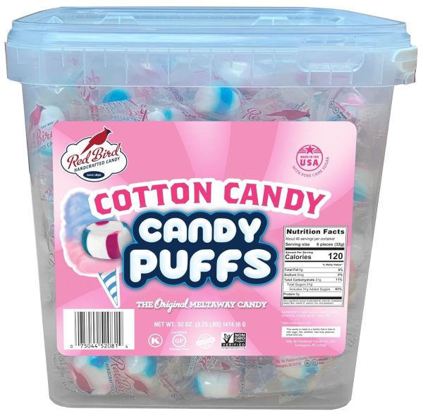 Red Bird Soft Cotton Candy Puffs 52 oz Tub, Mints Individually Wrapped, Gluten Free, Kosher, Free from Top 8 Allergens, Made with 100% Pure Cane Sugar