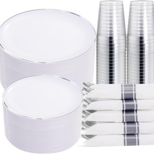 KIRE 350 PCS Plastic Dinnerware Set For 50 Guests - Silver Plastic Plates Include 50 Dinner Plates, 50 Dessert Plates, 50 Pre Rolled Napkins With Disposable Silverware, 50 Cups For Christmas Party