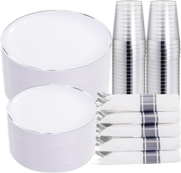 KIRE 350 PCS Plastic Dinnerware Set For 50 Guests - Silver Plastic Plates Include 50 Dinner Plates, 50 Dessert Plates, 50 Pre Rolled Napkins With Disposable Silverware, 50 Cups For Christmas Party