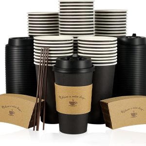 LITOPAK 100 Pack 16 oz Paper Coffee Cups, Drinking Cups for Hot Coffee Chocolate Drinks, Disposable Coffee Cups with Lids, Sleeves and Stirring Sticks, Black Hot Coffee Cups for Home and Cafes