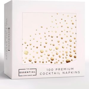 Stylish Gold Cocktail Napkins, 100 Holiday Cocktail Napkins, Paper Christmas Cocktail Napkins, 3-Ply White and Gold Napkins, 5 x 5 Inch Gold Party Napkins, Disposable Gold Napkins, Dessert Napkins