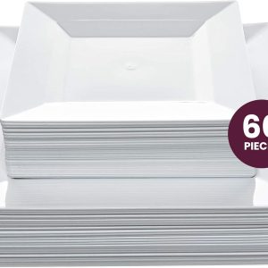 Aya's 60ct White Square Disposable Plates - Heavy Duty Plastic Party Plates for Christmas, Thanksgiving (30 Dinner & 30 Salad)