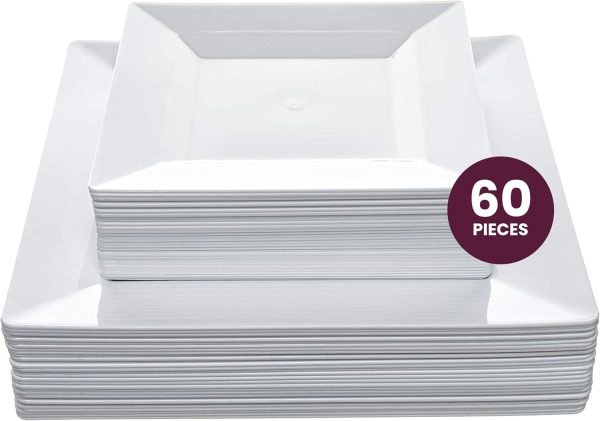 Aya's 60ct White Square Disposable Plates - Heavy Duty Plastic Party Plates for Christmas, Thanksgiving (30 Dinner & 30 Salad)
