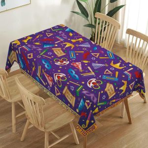 Happy Purim Tablecloth, Jewish Carnival Festival Party Decoration Mask Circus Clown Home Kitchen Dining Room Table Decor-60×84inch