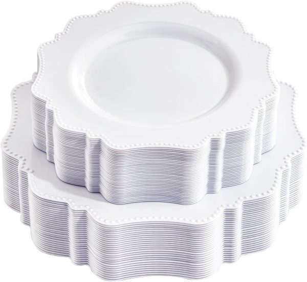 COLOSUS 60pcs White Disposable Plastic Plates-Heavy duty plate for New Year party/wedding/anniversary 30 dinner plates and 30 dessert/salad plates
