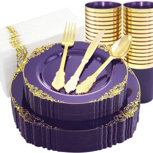 Nervure 175PCS Clear Purple Gold Plastic Plates for 25 Guests Include 25Dinner & 25Dessert Plates, 25Cups, 25Forks, 25Knives, 25Spoons, 25Napkins for Wedding&Party
