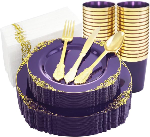 Nervure 175PCS Clear Purple Gold Plastic Plates for 25 Guests Include 25Dinner & 25Dessert Plates, 25Cups, 25Forks, 25Knives, 25Spoons, 25Napkins for Wedding&Party