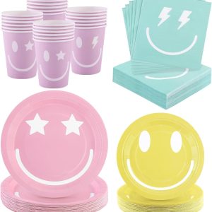 96 Piece Preppy Smiley Face Party Paper Plates Preppy Smile Face Party Decorations Preppy Tableware Set Paper Smile Face Plates Cups Napkins Cutlery Serve 24 Guest for Birthday or Baby Shower