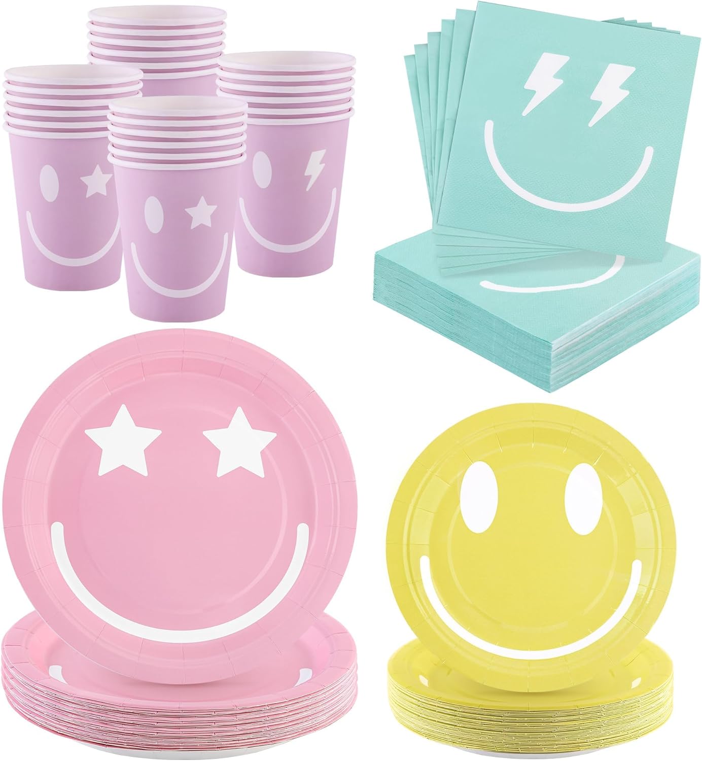 96 Piece Preppy Smiley Face Party Paper Plates Preppy Smile Face Party Decorations Preppy Tableware Set Paper Smile Face Plates Cups Napkins Cutlery Serve 24 Guest for Birthday or Baby Shower