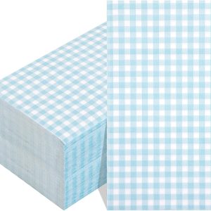 WDF 150Pack Baby Blue Paper Checkered Napkins - 3 Ply Disposable Blue and White Gingham Napkins Guest Dinner Napkins Paper for Bathroom Picnic BBQ Birthday