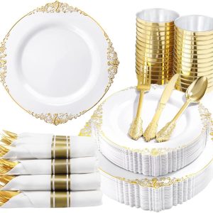 Nervure 350PCS Gold Plastic Plates - Gold Plastic Dinnerware Sets for 50 Guests - 100 Gold Disposable Plates, 150 Gold Plastic Silverware, 50 Cups, 50 Napkins for Wedding & Party & Christmas