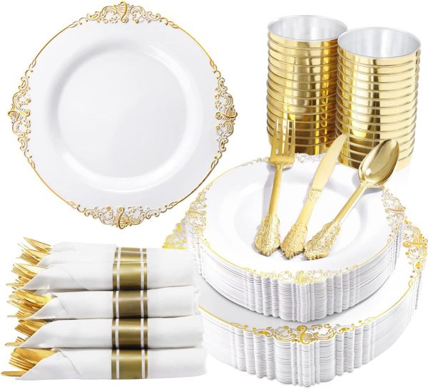 Nervure 350PCS Gold Plastic Plates - Gold Plastic Dinnerware Sets for 50 Guests - 100 Gold Disposable Plates, 150 Gold Plastic Silverware, 50 Cups, 50 Napkins for Wedding & Party & Christmas