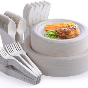 Fuyit 250Pcs Compostable Paper Plates with Cutlery Set, Disposable Biodegradable LONG Utensil Eco-Friendly Dinnerware Includes Plates, Fork, Knife & Spoon for Party, Camping, Picnic (White)
