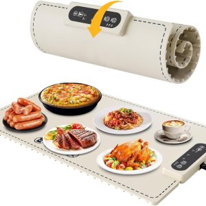 Negative ion Food Warming Mat with Adjustable Temperature,Foldable Electric Warming Tray for Parties Features 3 Modes & Fast Heating,Roll Up Food Warmer for Parties,Shabbat,Christmas （White）