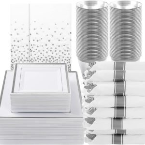 Goodluck 352 Piece Silver Dinnerware Set for 50 Guests, Square Plastic Plates with Silver Trim, Include: 100 Silver Plastic Plates, 50 Rolled Napkins, 50 Cups, 50 Cutlery Set and 2 Tablecloth