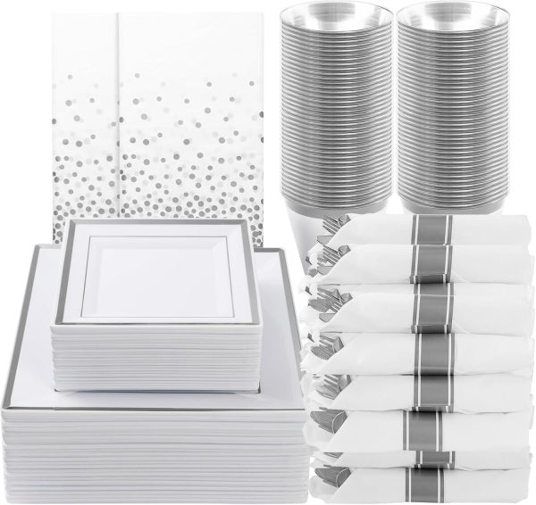 Goodluck 352 Piece Silver Dinnerware Set for 50 Guests, Square Plastic Plates with Silver Trim, Include: 100 Silver Plastic Plates, 50 Rolled Napkins, 50 Cups, 50 Cutlery Set and 2 Tablecloth