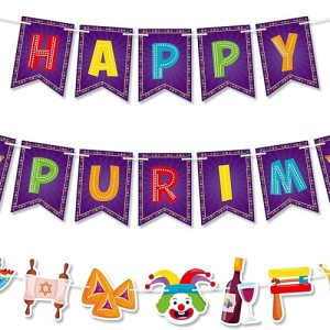 WATINC 2 in 1 Happy Purim Banner, Jewish Carnival Party Decorations, No DIY Needed Purim Party Favor Hang Banners, Holiday Mask Clown Hanging Bunting Supplies for Tree Fireplace Wall Decor (10 Feet)