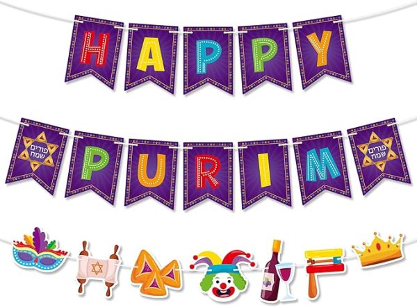 WATINC 2 in 1 Happy Purim Banner, Jewish Carnival Party Decorations, No DIY Needed Purim Party Favor Hang Banners, Holiday Mask Clown Hanging Bunting Supplies for Tree Fireplace Wall Decor (10 Feet)