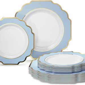 " OCCASIONS " 50 Plates Pack (25 Guests)-Heavyweight Wedding Party Disposable Plastic Plate Set -(25x10.5'' Dinner + 25x8'' Salad/dessert (Imperial in White/Blue & Gold)