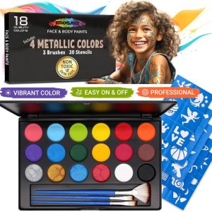 Facepaints Makeup Palette, Facepaint and Body Paint Set, Makeup Kit for Kids Party and Purim Costumes, Make up for Kids and Adults Professional, 18 Colors, 4 Metallic, 3 Brushes 30 Stencils
