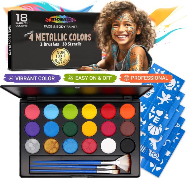 Facepaints Makeup Palette, Facepaint and Body Paint Set, Makeup Kit for Kids Party and Purim Costumes, Make up for Kids and Adults Professional, 18 Colors, 4 Metallic, 3 Brushes 30 Stencils