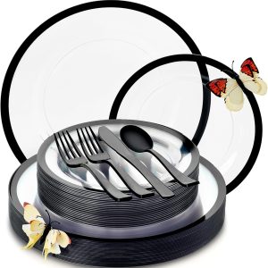 By Madee HEAVYWEIGHT 150 Pcs for 25 Guests | Clear and Black Plastic Plates and Silverware Set | Fancy Disposable Dinnerware Set | Black Plates Disposable for Party | Gift of 3D Butterflies