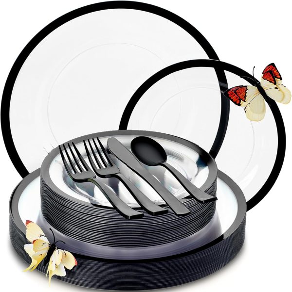 By Madee HEAVYWEIGHT 150 Pcs for 25 Guests | Clear and Black Plastic Plates and Silverware Set | Fancy Disposable Dinnerware Set | Black Plates Disposable for Party | Gift of 3D Butterflies
