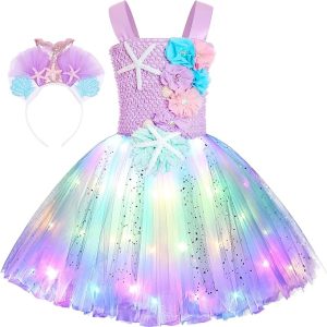 Koatobbor Girls Mermaid Costume Mermaid Tutu Dress Color Led Light Up for Halloween Birthday Party 3-8Years