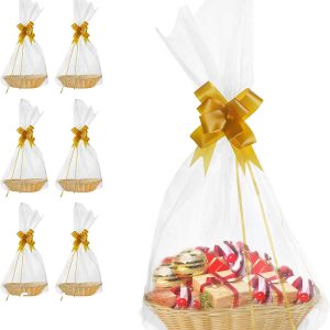 6 pk] Baskets for Gifts Empty| 7x9" Small Wicker-look Empty Baskets to Fill| DIY Gift Basket Set with Basket Bags and Gold Pull Bows| Thanksgiving, Christmas, Easter Gift Basket Kit| Gift to Impress