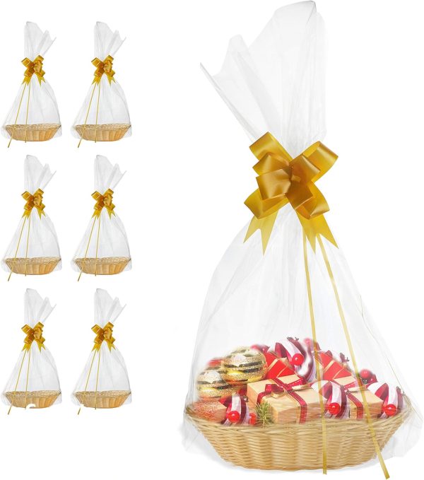 6 pk] Baskets for Gifts Empty| 7x9" Small Wicker-look Empty Baskets to Fill| DIY Gift Basket Set with Basket Bags and Gold Pull Bows| Thanksgiving, Christmas, Easter Gift Basket Kit| Gift to Impress